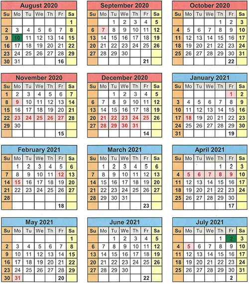 Monthly Academic calendar for August 2020 thru July 2021, described in the table below.